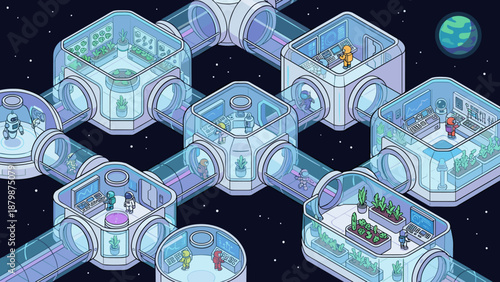 Isometric space station interior vector. Sci-fi futuristic research laboratory. Science technology base concept. Future spaceship colony module. 3d architectural room. Galaxy platform.