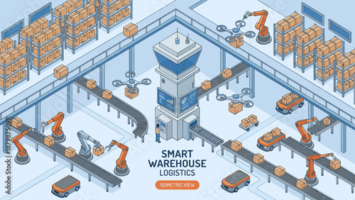 Smart warehouse logistics concept. Isometric automated delivery system. Industrial technology robots drones conveyor belt. Modern distribution center. Future shipping automation.
