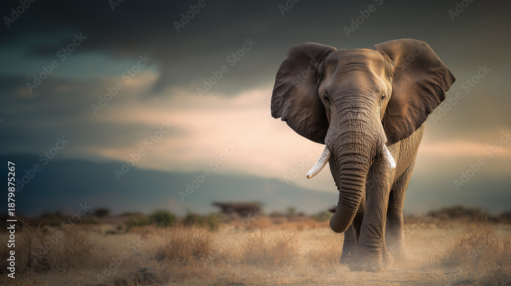 Fototapeta premium Majestic elephant walking through golden grassland under dramatic sky showcasing wildlife beauty, concept of wildlife conservation, biodiversity, endangered species and environmental awareness