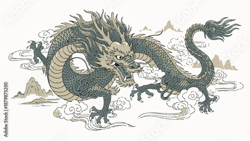 Mythical Dragon Illustration with Mountains