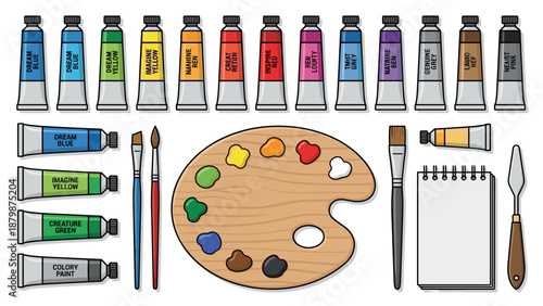 Art supplies collection. Wooden palette colorful paint. Acrylic tubes brushes knife sketchbook. Creative painting workshop. Knolling flat lay. Artist equipment. Vector illustration.