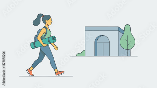 Young woman walking to yoga class with mat. Character going to gym studio. Flat vector illustration. Healthy lifestyle concept. Fitness workout routine. Sport training. Wellness.