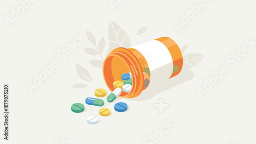 Stylized orange pill bottle spilling colorful capsules tablets. Pharmacy medication concept. Healthcare treatment prescription drugs. Flat vector illustration. Medical symbols.