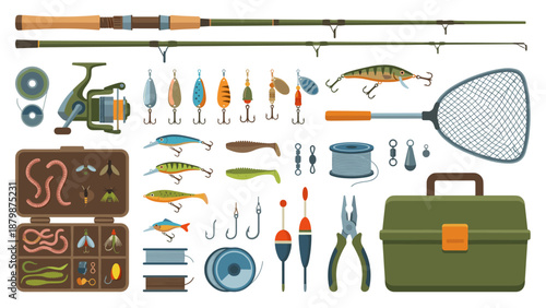 Fishing tackle set. Rod, reel, lures, hooks, bait, net, box. Flat lay knolling arrangement. Outdoor sport hobby gear collection. Vector illustration isolated on white background.