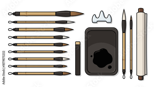 Traditional Chinese calligraphy set top view. Vector illustration brushes ink stone scroll. Asian art creative tools flat lay knolling. Writing painting hobby. Sumi-e ink drawing kit.