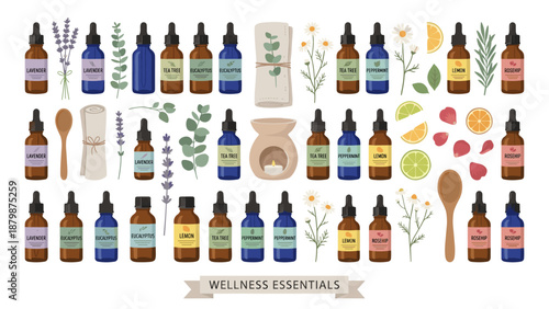 Essential oil bottles set vector. Aromatherapy spa wellness. Natural organic beauty herbs. Lavender eucalyptus rosehip. Dropper glass vials flat lay. Skin care illustration isolated.
