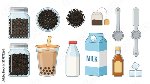 Bubble tea ingredients set. Boba milk tea making kit vector. Tapioca pearls, tea leaves, milk carton, syrup, ice. Knolling flat lay. Asian beverage recipe. DIY drink preparation.