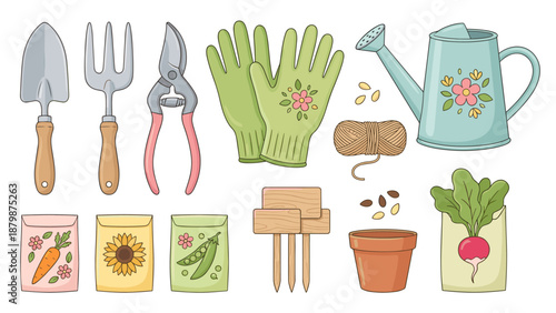 Gardening tools set and spring planting equipment. Vector illustration of trowel, shears, watering can, gloves, seeds. Knolling layout. Horticulture concept. Agriculture flat lay.