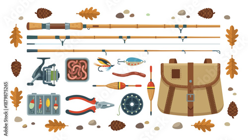 Fishing gear set flat lay knolling layout. Outdoor recreation equipment. Rod reel bait bag tackle box. Vector illustration isolated. Sport hobby concept. Fisherman tools. Catch fish.