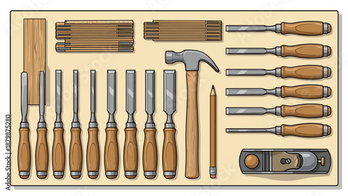 Woodworking tools set vector illustration. Carpenter equipment kit flat lay. Knolling chisels hammer plane ruler. Professional joinery workshop craft items. Construction DIY instruments.