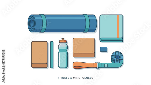 Yoga equipment set knolling layout. Fitness gear flat lay. Mat cork blocks bottle towel strap vector. Pilates workout accessories. Mindfulness kit. Isolated on white background top view.