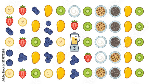 Smoothie ingredients set knolling layout. Fresh fruits yogurt bowls blender. Healthy breakfast concept. Vector illustration. Flat lay strawberry banana kiwi mango. Organic food.