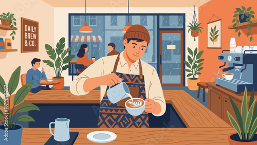 Barista pouring latte art in cozy coffee shop. Male worker in apron making espresso. Flat vector illustration of cafe interior with rain. Hospitality service concept. Coffee house.