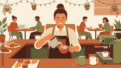 Barista pouring latte art in cozy cafe with customers working. Espresso machine and pastries. Hospitality service, warm atmosphere, small business concept. Flat vector illustration.