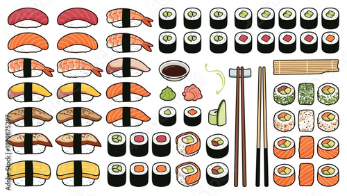 Sushi set vector illustration isolated on white. Japanese food assortment nigiri maki rolls chopsticks soy sauce wasabi ginger. Asian cuisine set. Fresh seafood fish rice flat lay.