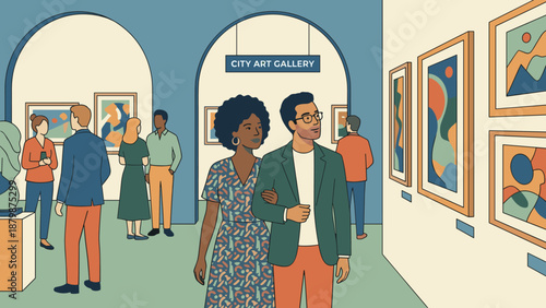 Art gallery visitors. Couple looking at abstract paintings in museum. People viewing modern artwork. Culture concept. Man and woman. Flat vector illustration. Creative exhibition.