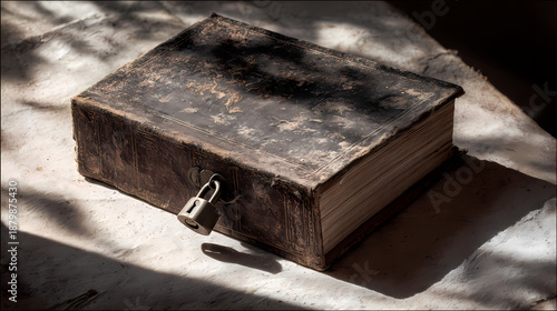 Close up of an antique typewriter beside an old vintage book with aged pages on a wooden surface