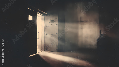 An open door at the end of a dark hotel corridor reveals a bright light on the wall of an empty room, symbolizing hope through modern building architecture and interior design