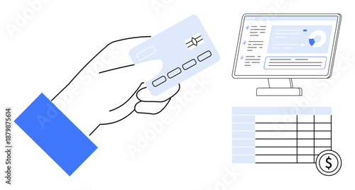 Online transactions, digital finance, e-commerce management, personal budgeting, corporate accounting, and payment processing. Hand holding credit card, monitor and spreadsheet. Online transactions