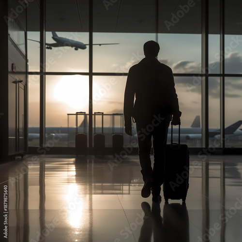 A group of business passengers and a lone man stand as silhouettes against a glass terminal window, overlooking the urban city architecture from the airport interior hall