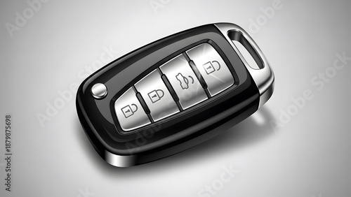 Modern electronic car key fob with silver buttons on gray background