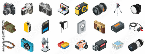 Isometric collection of photography and videography equipment icons, including DSLR cameras, lenses, action cams, tripods, and darkroom supplies, representing media production.
