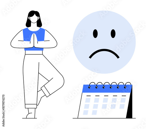 Mental health concept. Mental health is ed by yoga for stress relief and a sad face for emotional struggles. Mental health link with life balance, time management, well-being, burnout prevention