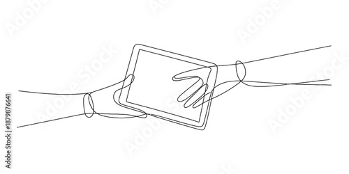 A minimalist single line drawing depicting two hands exchanging a tablet, symbolizing digital transfer Vector, illustration