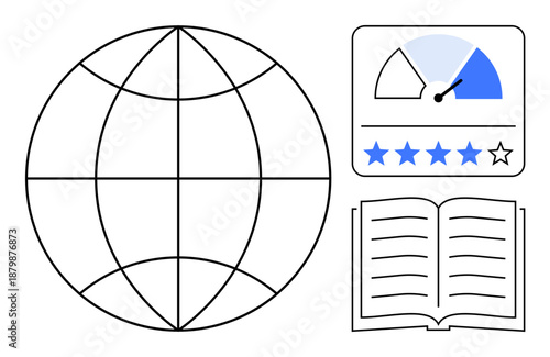 Global connectivity concept. The globe s connectivity, while the review meter and open book suggest evaluations and knowledge. Suitable for technology, education, research, reviews, communication