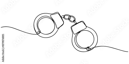 Handcuffs continuous one line drawing, one continuous line drawing handcuffs minimalist design vector illustration law theme object isolated on white background, Handcuffs in one continuous line draw