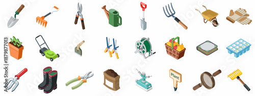 Detailed isometric icons set of gardening tools and equipment including shovels, rakes, boots, wheelbarrow, watering can, and plants on white background.