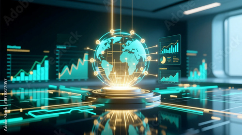 Visualizing the dynamic global digital finance ecosystem with holographic investment hub displaying intricate market data and advanced analytics in high-tech center