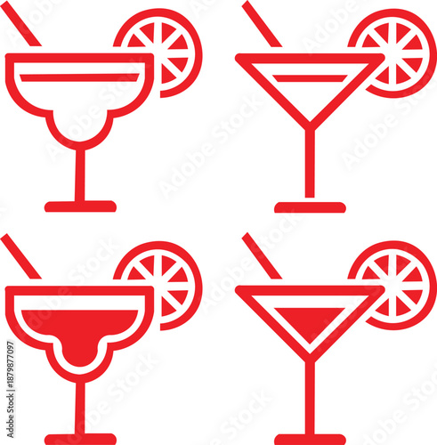 Vector Red Cocktail Glass Icons with Lemon Slice and Straw – Modern Drinkware Symbols for Bar, Cocktail Menu, and Beverage Design