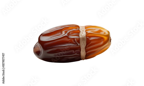 A close-up photo of a single date fruit with a string tied around it on transparent background