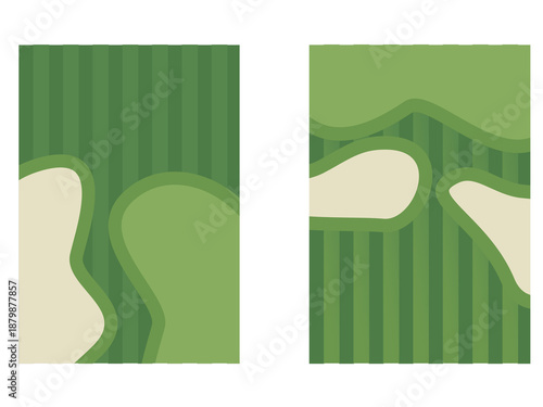green gift box with ribbon. Golf poster design with golf course illustration. Golf course illustration with putting green and bunker sand traps. Golf background for poster, invitation, flyer