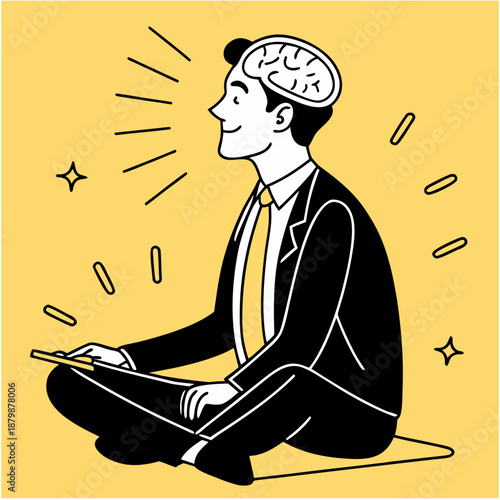 Businessman meditating with tablet, corporate wellness mindfulness concept