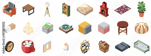 Isometric Home Comfort Icons: Cozy Living Room Furniture, Fireplace, Books, Hot Cocoa, and Decorative Accessories Collection.