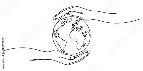 Continuous line drawing of hands cradling the earth globe symbolizing protection and care Vector, illustration