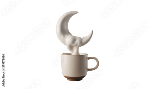 A whimsical ceramic sculpture of a crescent moon rising out of a coffee mug on transparent background