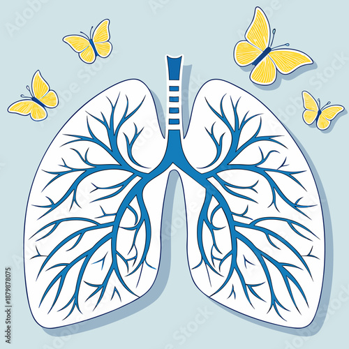 Human lungs with yellow butterflies, respiratory health freedom illustration