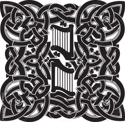 Intricate celtic knotwork design featuring a harp and shamrocks