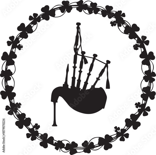 Black silhouette of bagpipes within a shamrock wreath