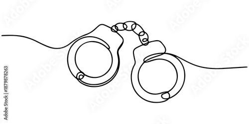 Handcuffs continuous one line drawing, one continuous line drawing handcuffs minimalist design vector illustration law theme object isolated on white background, Handcuffs in one continuous line draw