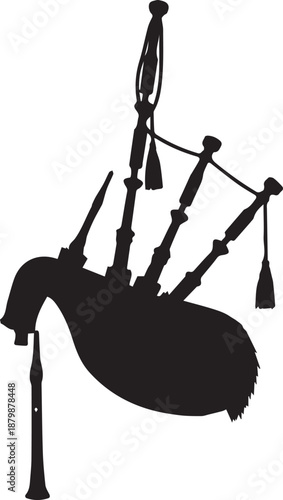 Black silhouette of traditional bagpipes hanging against a white background