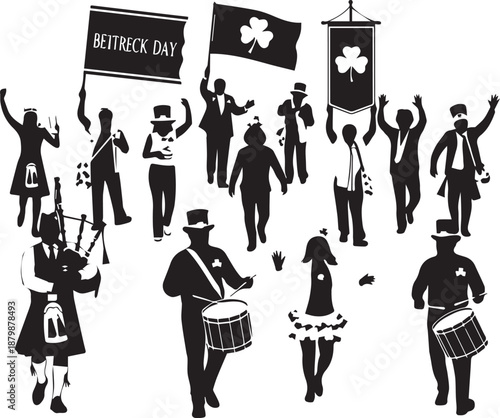 St patricks day parade celebration with bagpipes drums and flags