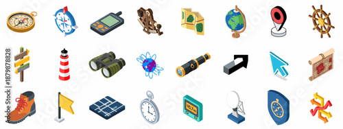 Isometric Navigation and Exploration Icon Set: Compasses, Maps, GPS, Travel Gear, and Directional Symbols on White Background.