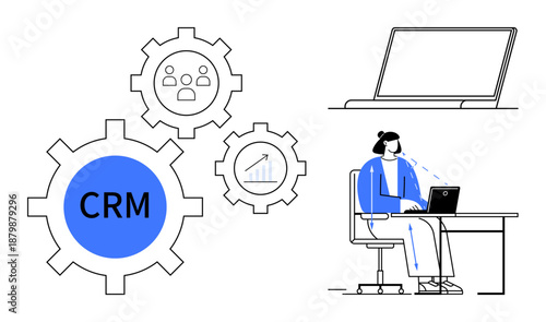 CRM system. CRM graphic with gears, user interface, and growth symbolism. CRM supports analytics, customer management, and team collaboration. Ideal for business, marketing and digital operations