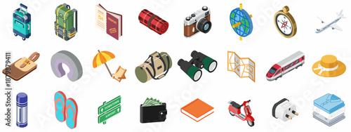 Isometric Travel and Vacation Essentials Icon Set: Luggage, Passport, Camera, Compass, Map, and Transportation Symbols for Global Tourism.