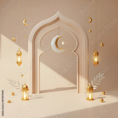Ethereal ramadan setting with ornate arch and soft lighting