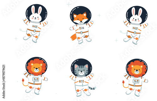 Cute Astronaut Animals Cartoon Vector Set with Bunny Fox Lion and Cat Characters in Space Suits